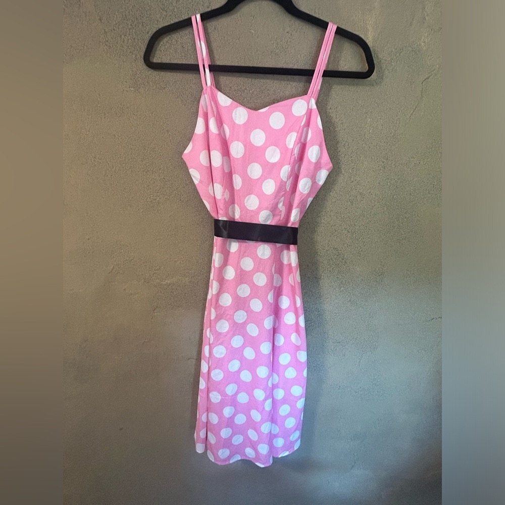Strappy dress pink with white polka dots and black option tie belt